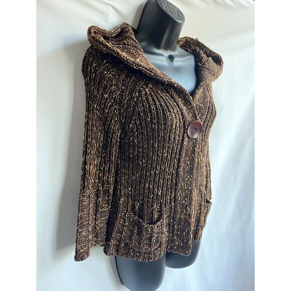 BCBG Max Azria Y2K Chunky Knit Brown Cardigan Sweater S Hooded Retro 3/4 Sleeve - Picture 5 of 12